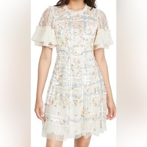 Needle and Thread Antonia Sequin Check Tulle Floral Embroidered Mini Gown Size 0